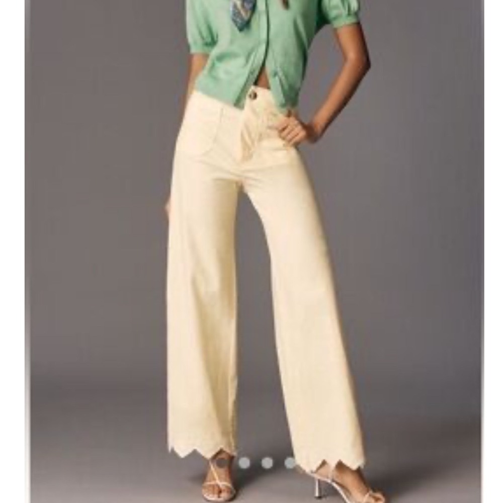 Anthropologie Maeve Linen Blend Embroidered Wide Leg Pants Yellow Size‎ 34 NWT